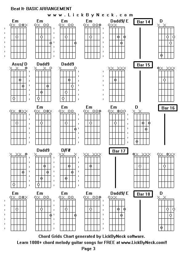 Chord Grids Chart of chord melody fingerstyle guitar song-Beat It- BASIC ARRANGEMENT,generated by LickByNeck software.